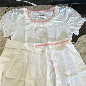 White and Pink Kids Casual Top and Skirt